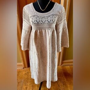LUXE Artisan Hand-Knit Midi Dress | Bernat Saluki Ecru Crochet Boho Cream S/M